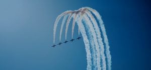 Five plane aerobatics team perform synchronised inside loop